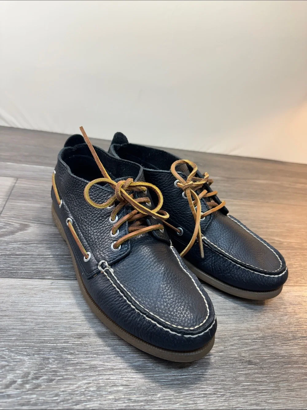 Sperry Black Pebbled Leather Boat Shoes with Tan Laces Men’s SZ 9 (h96)